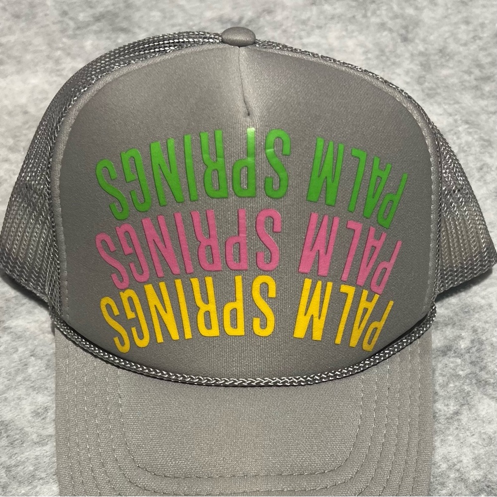 Vtg Palm Springs California Cap Snap Back Trucker Hat Upside Down Font Retro